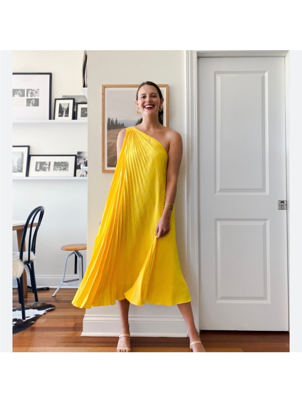 One-Shoulder Pleated Midi Dress in Bright Yellow